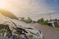 Ar crash front of black car get damaged by accident on the road. Royalty Free Stock Photo