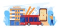 Bus city tour vector illustration, cartoon flat traveler hand holding smartphone with autobus city plan, map mobile app