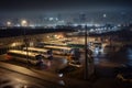 bus depot with view of busy city skyline at night