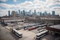 bus depot with view of the city skyline, with tall buildings and busy streets visible