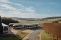 bus depot with view of rolling hills and fields, signifying the journey ahead Royalty Free Stock Photo