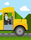 Bus Driver Flat Design Vector Illustration with landscape background