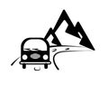 The bus goes to the mountains. Graphic wall sticker. Road label. Monochrome illustration for print poster, stickers on