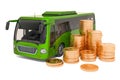 Bus with golden coins. Commercial passenger transportation service concept, 3D rendering