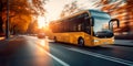 bus navigating through the bustling city streets as a beautiful sunset paints the urban landscape