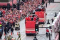 Bus parade of Kansas City Chiefs Superbowl Championship with a huge crowd of fans