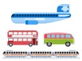 Bus plane car train different vehicles. flat style Royalty Free Stock Photo