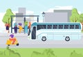 Bus public people transportation, travel from bus stop street road vector illustration. Passenger character waiting at