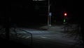 Traffic light blinks green and switches to red at a crosswalk at night, no people. Bus, public transportation comes to