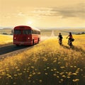 The bus rides along the road among the fields and two people on bicycles ride nearby