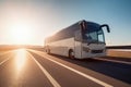 Bus on the road in the mountains at sunset. Travel concept. Generative AI Royalty Free Stock Photo