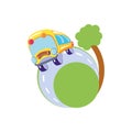 bus school transportation with road and tree plant