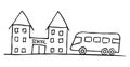 Bus and schoolhouse, sketch, eps.