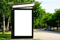 bus shelter at bus stop. blank lightbox billboard ad sign. white poster space.