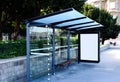 Bus shelter. white poster ad and billbord space. urban street background Royalty Free Stock Photo