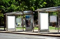 Bus shelter at a busstop. two blank billboard displays. Budapest streetscape. Royalty Free Stock Photo