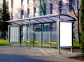 Bus shelter composite with blank poster and advertising billboard space Royalty Free Stock Photo