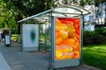 Bus shelter and bus stop. glass light box side ad panel. colorful sample image for mock-up