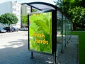 Bus shelter and bus stop. glass light box side panel. colorful sample ad for mock-up