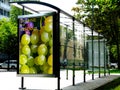 Bus shelter and bus stop. glass light box side ad panel. colorful sample image for mock-up Royalty Free Stock Photo
