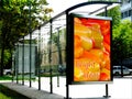Bus shelter and bus stop. glass light box side panel. colorful sample ad for mock-up