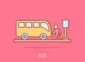 Bus station icon in comic style. Auto stop cartoon vector illustration on isolated background. Autobus vehicle splash effect