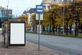 Bus stop in city with empty white mock up banner for advertising Royalty Free Stock Photo