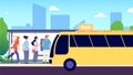 Bus stop. City transport, people waiting buses. Urban street, road, men and women. Public transportation vector Royalty Free Stock Photo