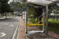 A bus stop damaged with breaking glass during colombian paro nacional
