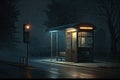 bus stop with flickering lantern, surrounded by darkness