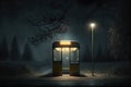 bus stop with flickering lantern, surrounded by darkness