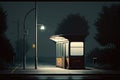 bus stop with flickering lantern, surrounded by darkness