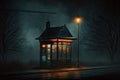 a bus stop with flickering lantern, surrounded by darkness
