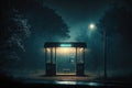a bus stop with flickering lantern, surrounded by darkness