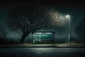 a bus stop with a flickering street light, surrounded by darkness