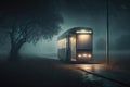 bus stop with flickering streetlamp, and the sound of night insects in the background