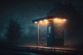 bus stop with flickering streetlamp, and the sound of night insects in the background