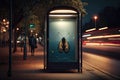 bus stop with flickering streetlamp, and the sound of night insects in the background