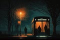 bus stop, with flickering streetlight and silhouettes of passersby, at night