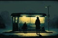 bus stop, with flickering streetlight and silhouettes of passersby, at night