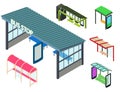 Bus stop icons set, isometric style