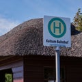 Bus stop in Keitum on the island of Sylt with a bus shelter with a thatched roof