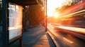 Bus stop near the road with empty schedule board banner mockup and passing cars with sunset cityscape at the background Royalty Free Stock Photo