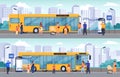 Bus stop with passengers. Public bus for transporting passengers. Vector illustration