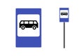 Bus stop post station flat design blue sign set. Isolated vector illustration on white background Royalty Free Stock Photo