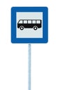 Bus stop road sign on post pole, roadside traffic signage, large detailed blue frame, isolated commuter concept