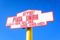 Bus stop sign for Piata Unirii (Unirii Square) displayed on an street in the old city center of Bucharest, Romania Royalty Free Stock Photo