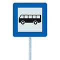 Bus Stop Sign on post pole, traffic road road sign, blue isolated signage large detailed closeup Royalty Free Stock Photo
