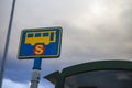 Bus stop sign in Reykjavik, Iceland. Modern public transport. Bus stop in the city street. Bus station. Traffic signs.