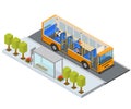 Bus Stop Station Autobus with People and Seats Isometric View. Vector Royalty Free Stock Photo